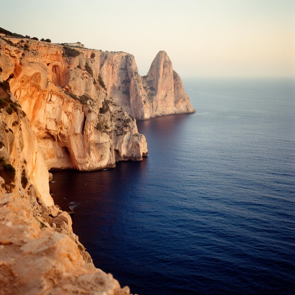 Mallorca limestone cliffs meeting the Mediterranean at golden hour